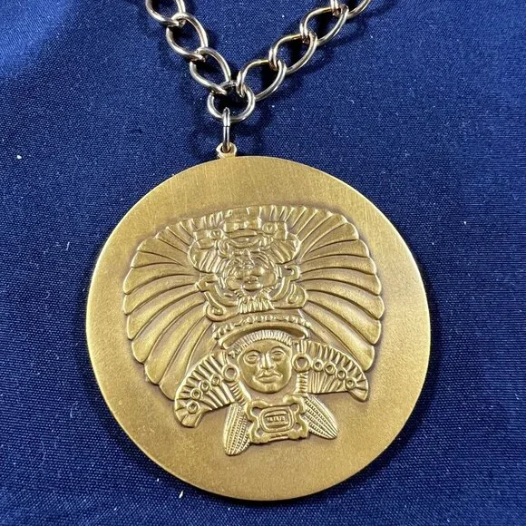 Aztec Style Gold Tone Pendant Necklace With Bold Chain & Intricate Warrior Desig - Picture 2 of 2